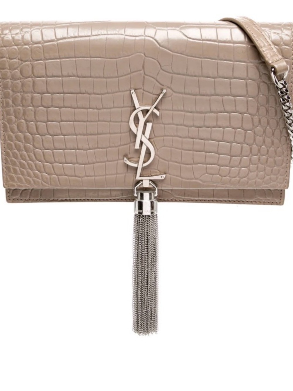 Saint Laurent Taupe Croc-Embossed Tassel Crossbody Bag